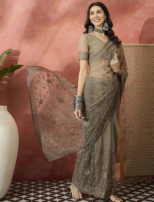 Beige embroidered saree with blouse piece 3