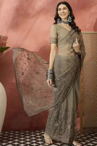 Beige embroidered saree with blouse piece