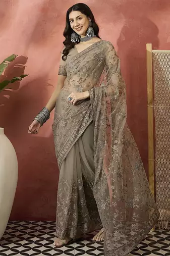 Beige embroidered saree with blouse piece