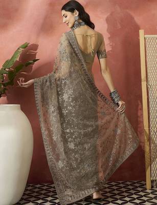 Beige embroidered saree with blouse piece 5