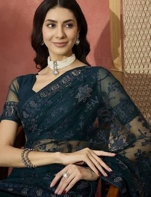 Teal embroidered net saree 1