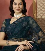 Teal embroidered net saree