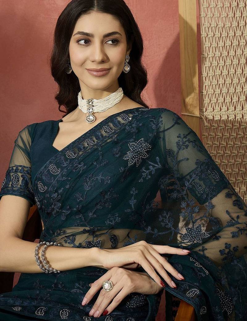 Teal embroidered net saree