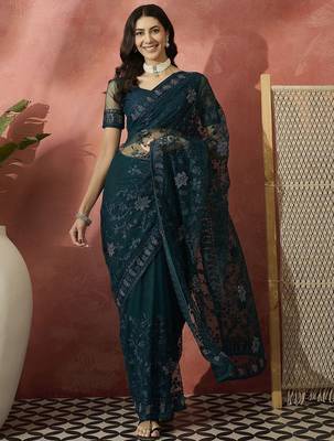 Teal embroidered net saree 2