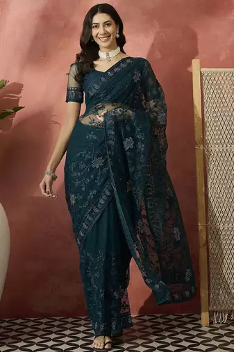 Teal embroidered net saree