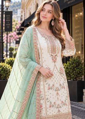 white fox georgette semi stitched suit with embroidery & khatli work 2