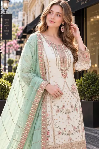 white fox georgette semi stitched suit with embroidery & khatli work