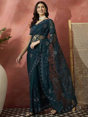 Teal embroidered net saree 3