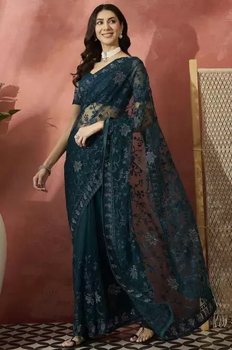 Teal embroidered net saree