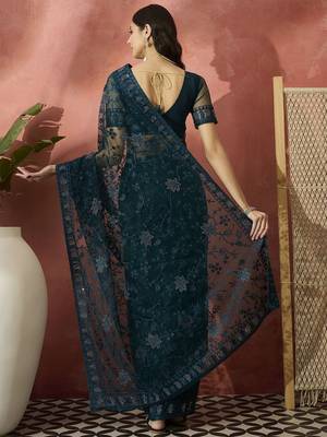 Teal embroidered net saree 4