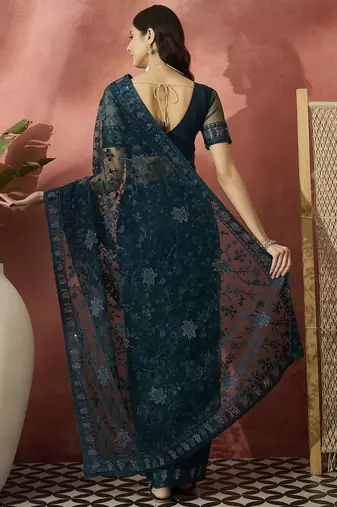 Teal embroidered net saree