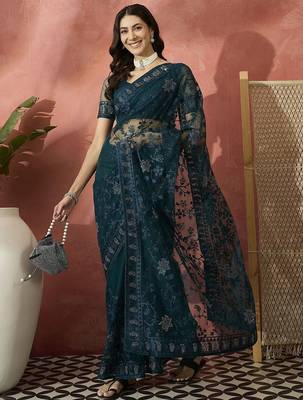 Teal embroidered net saree 5