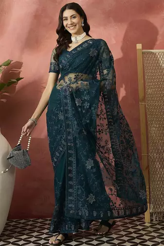 Teal embroidered net saree