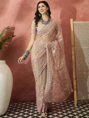 Pink embroidered saree with blouse piece 1