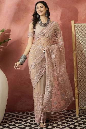 Pink embroidered saree with blouse piece