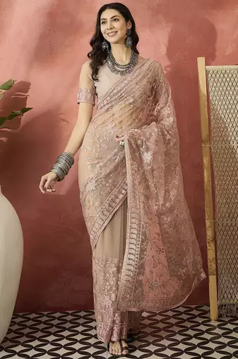 Pink embroidered saree with blouse piece