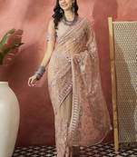 Pink embroidered saree with blouse piece