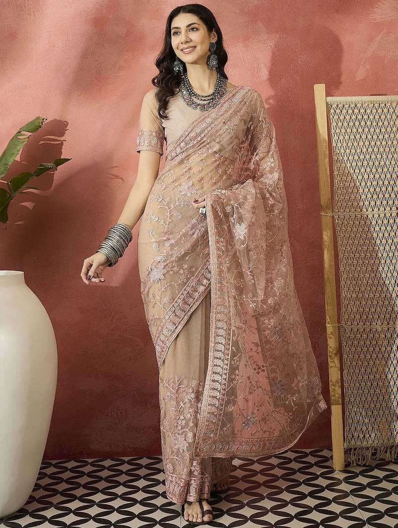 Pink embroidered saree with blouse piece