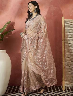 Pink embroidered saree with blouse piece 2