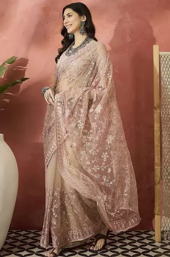 Pink embroidered saree with blouse piece