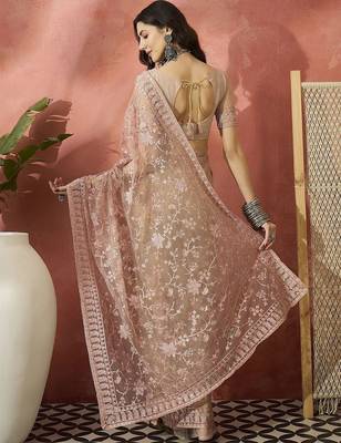 Pink embroidered saree with blouse piece 3