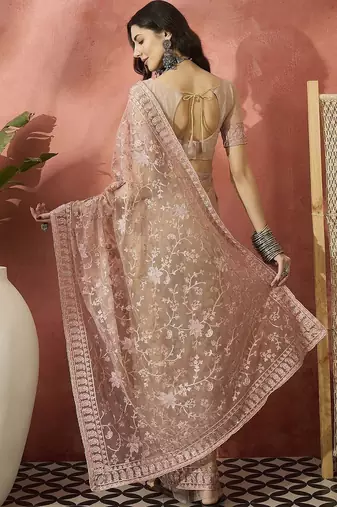Pink embroidered saree with blouse piece