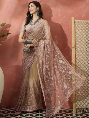 Pink embroidered saree with blouse piece 4