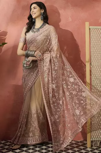Pink embroidered saree with blouse piece
