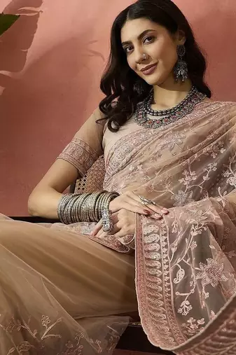 Pink embroidered saree with blouse piece
