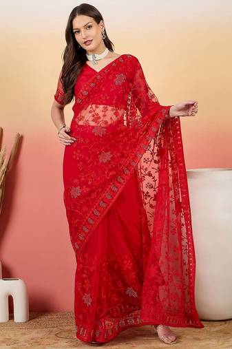 Red embroidered saree with blouse piece