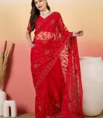 Red embroidered saree with blouse piece