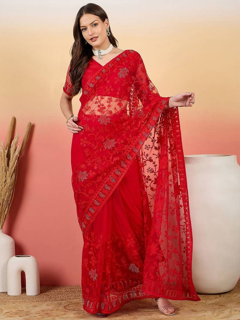 Red embroidered saree with blouse piece