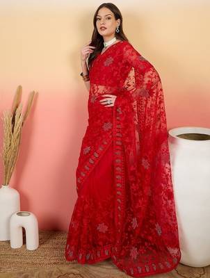Red embroidered saree with blouse piece 2