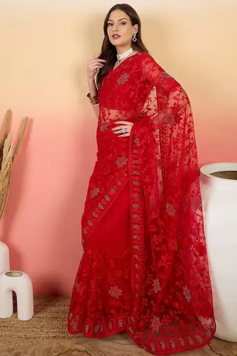 Red embroidered saree with blouse piece