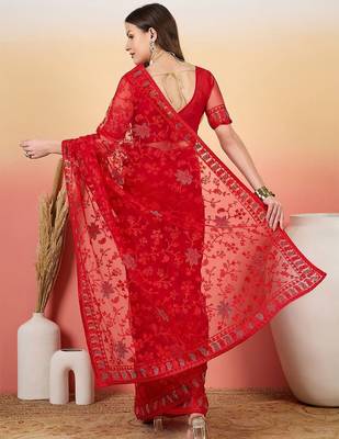 Red embroidered saree with blouse piece 3