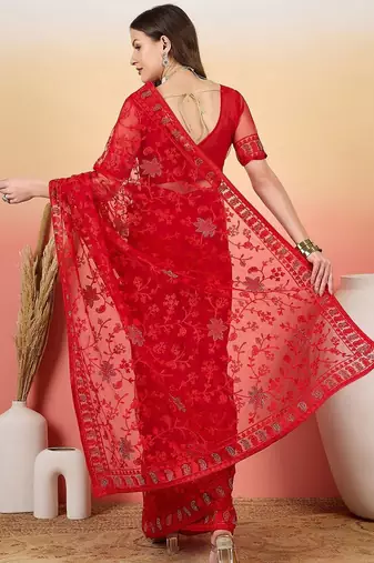 Red embroidered saree with blouse piece