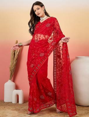 Red embroidered saree with blouse piece 4