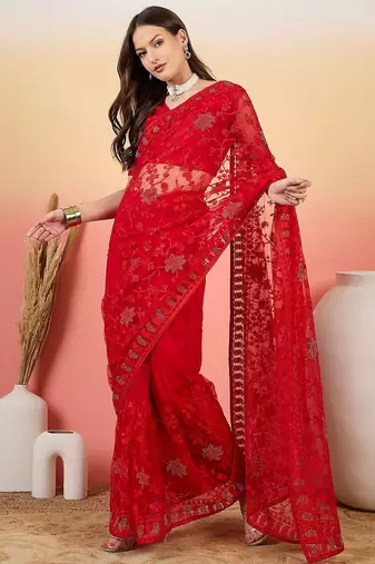 Red embroidered saree with blouse piece