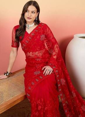 Red embroidered saree with blouse piece 5