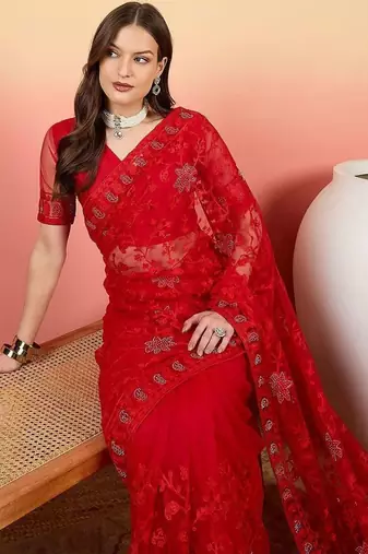 Red embroidered saree with blouse piece