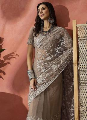 Grey embroidered saree with blouse piece 1