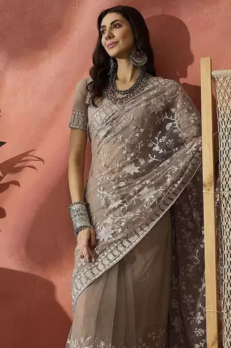 Grey embroidered saree with blouse piece