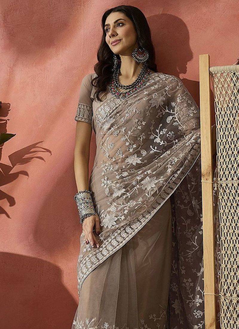 Grey embroidered saree with blouse piece