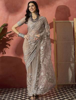 Grey embroidered saree with blouse piece 2