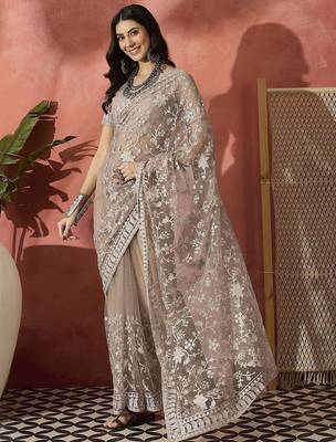 Grey embroidered saree with blouse piece 3