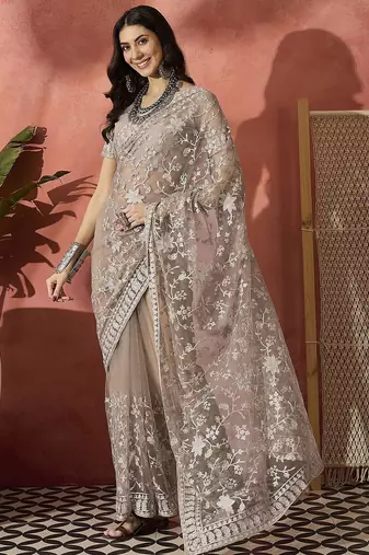 Grey embroidered saree with blouse piece