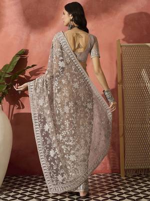 Grey embroidered saree with blouse piece 4