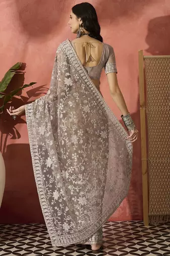 Grey embroidered saree with blouse piece