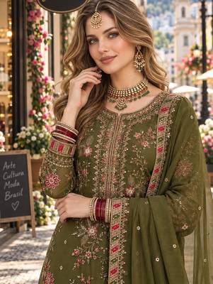 mehendi chiffon semi stitched suit with embroidery & sequence work 2