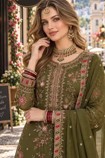 mehendi chiffon semi stitched suit with embroidery & sequence work